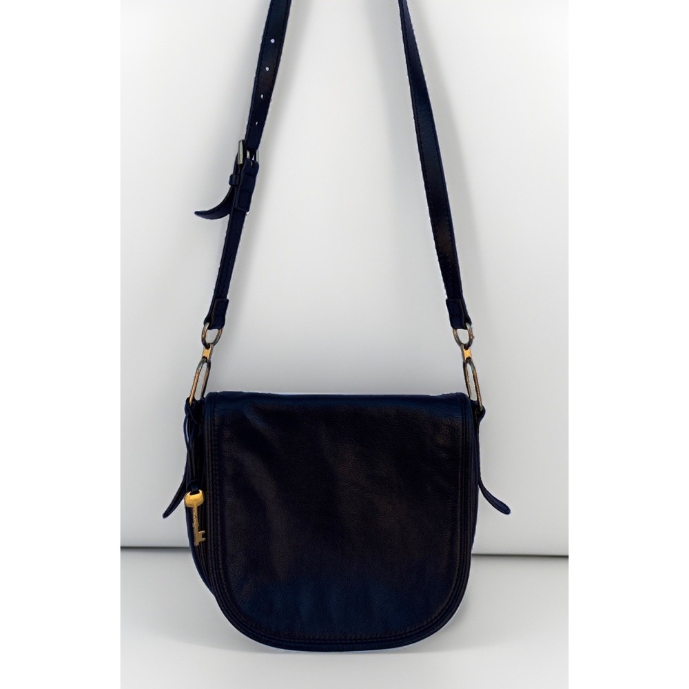 Fossil RUMI Black Soft Leather Crossbody Saddle Flap Bag Gold Hardware 11x10x3"